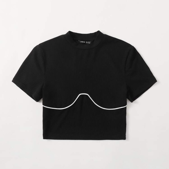 SHEIN Tops - SHEIN Black Ribbed Tee with White Curved Detail